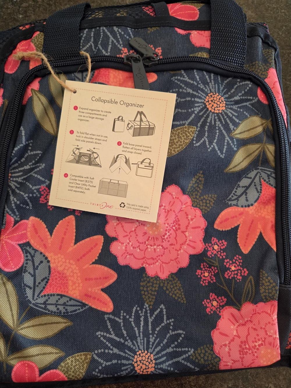 thirty-one Collapsible Tote with Coral Pink Floral Print